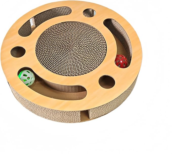 3-in-1 Cat Scratcher Toy, 13 Inch Round High-Density Corrugated Paper Puzzle Mat & Lounge for Indoor Cats, Reinforced Scratch-Resistant Board for Furniture Protection（Wood Color）