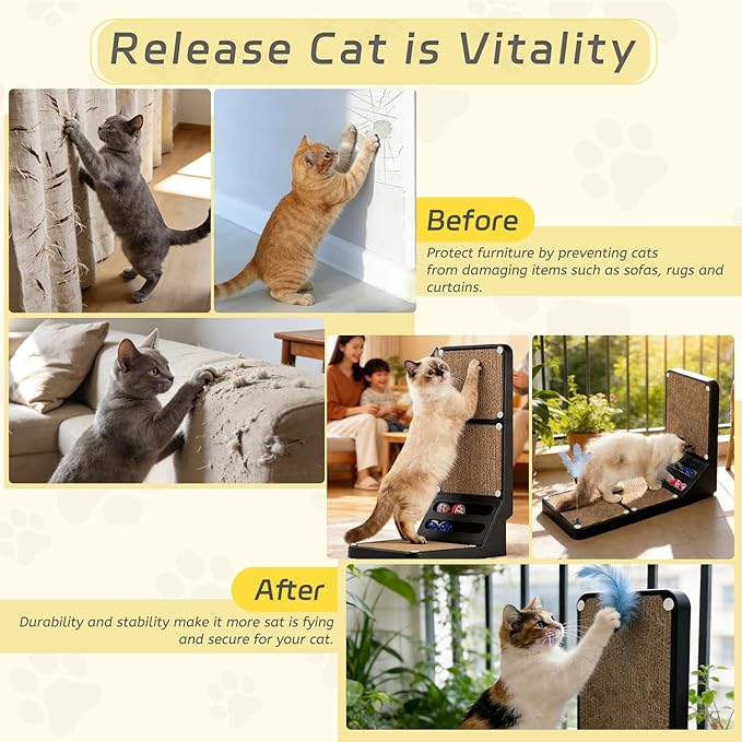Cat Scratcher Cat Scratch Pad L Shape Wall Mounted Dual Use (Vert/Horiz) Kitten Bunifa Scratching Card Board Vertical Post with Ball Toys Feathers,Protecting Furniture Core is Replaceable Large Black