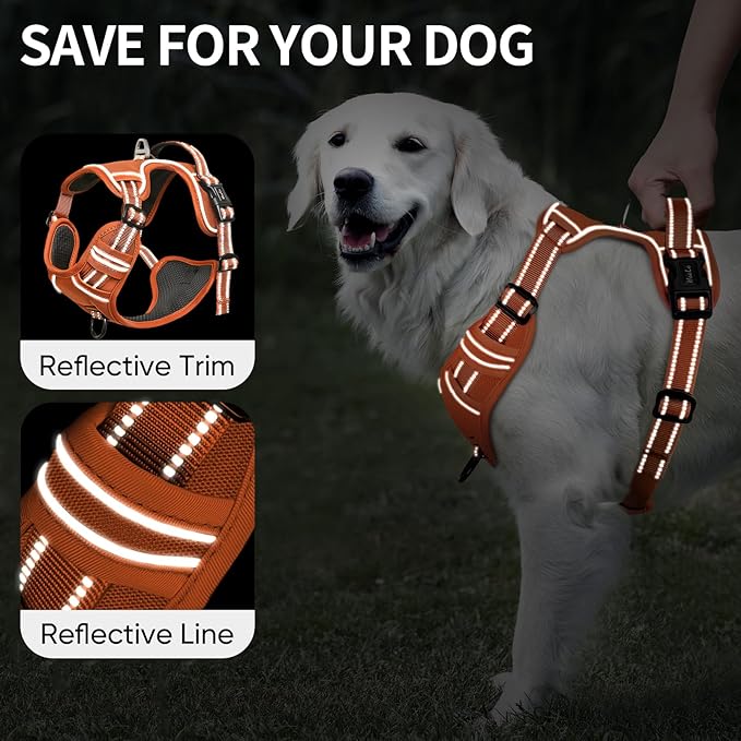HEELE Dog Harness for Large Dogs No Pull Dog Vest Harness for Large Dog with Soft Padded Handle Reflective for Outdoor Training, Pumpkin Orange, L