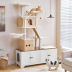 HOOBRO Double Litter Box Enclosure with Cat Tree, 45.3" L x 17.7" W x 68.9" H All-in-One Modern Cat Tower with Bed, Hidden Litter Box Enclosure Furniture, with Hammock, Sisal Posts, White WH22MZ03