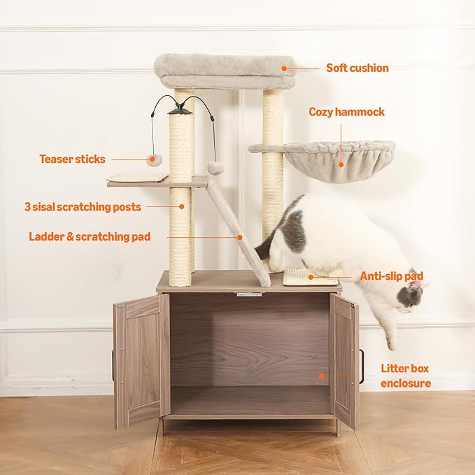 Amazon Basics Furniture Cat Tree with Litter Box Enclosure, Large Cat Tree with Scratching Posts, Sisal Pad, Cozy Perch and Hammock