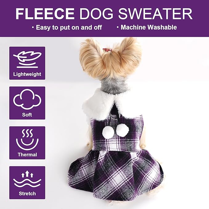 Dog Sweater with Leash Set Plaid Fleece Dog Clothes for Small Dogs Girl Boy Winter Pet Dress Cold Weather Coat Fall Sweater for Chihuahua Yorkie Cat Puppy Costumes (Purple, Medium)