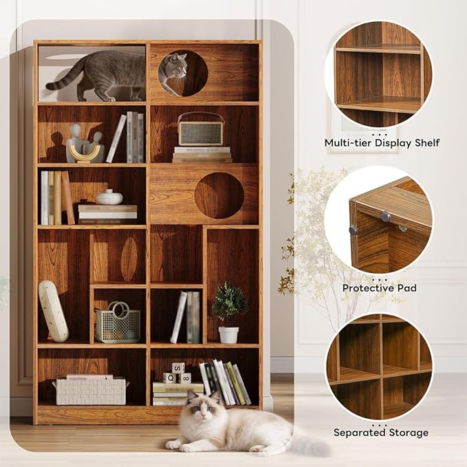 63.5" Cat Tree with Litter Box Enclosure & Bookshelf, Modern Cat Tower with Built-in Cat Houses, Multi-Tier Storage Shelf Cat Furniture for Indoor Cats,Brown