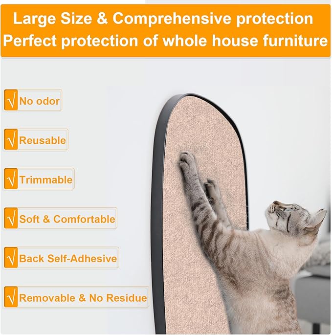 Large Cat Scratching Mat, 118"x15.8" Self-Adhesive Cat Scratch Furniture Protector, Trimmable DIY Cat Wall Climbing Carpet, Cat Couch Protector, Cat Scratching Pad Replacement (Khaki, 30 Nails)