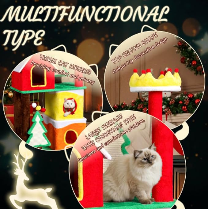 VINGLI 56IN Christmas Themed Plush Cat Tree, Multi Level Large Cat Tower for Indoor Cats with 3 Condos, Crown Top Perch, Xmas Tree Sisal Scratching Ramps, Posts & Hanging Balls Pet Activity Center
