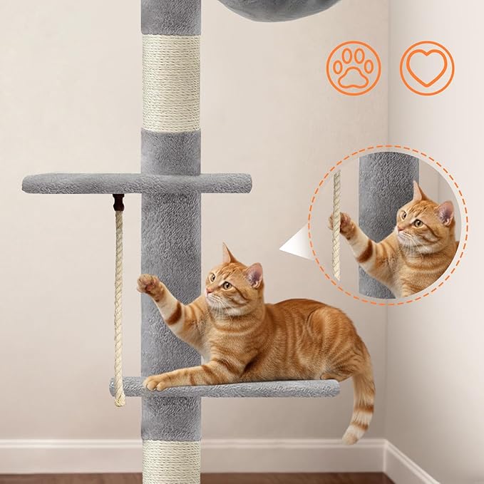 Cat Tree 5-Tier Floor to Ceiling Cat Tower with Cozy Hammock, 89-109 Inch Adjustable Height Sisal Scratching Post, Provides Vertical Enrichment for Jumping & Climbing, Grey