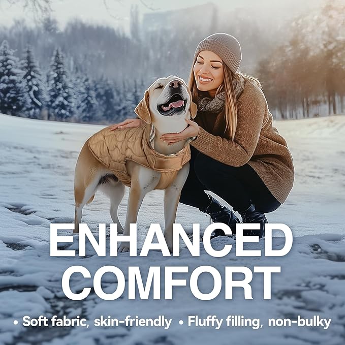 VIVAGLORY Softjoy Dog Coat, Dog Jacket for Winter & Christmas, Coat with Harness Hole, Reversible Plaid Checkered Warm Fluffy Heavy Duty for Puppy, L, Khaki