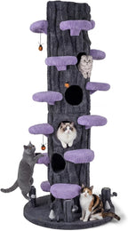 PETSITE 90.5-inch Tall Cat Tree, Tree-Like Modern Cat Tower with Sisal Scratching Pad, Five Cat Condos, Cute Hanging and Spring Toys, Large Cat Tree Tower for Indoor Cats (Purple)