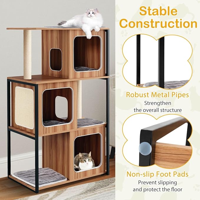 52-inch Wood Cat Tree for Indoor Cats, Multi-Level Solid Metal Framed Wooden Cat Tower with Sisal Scratching Posts and Pad, 3 Condos, and Top Platform with Cat Hole