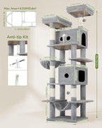 Globlazer Heavy Duty Cat Tree Tower 80in Tall Extra Large Cat Tree Tower for Multiple Indoor Cats Large Adult with Scratching Posts, 2 Spacious Condos, Padded Perches, Soft Hammock, S80B, Light Grey
