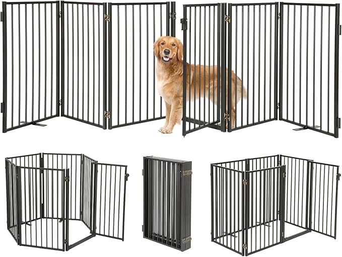 Metal Freestanding Dog Gates with Door for Outdoor Indoor,120'' Extra Wide 32'' Tall Free Standing Dog Gate for Doorways,Large Openings,Deck,Yard,Porch,Foldable Pet Fence(Black,6 Panels)
