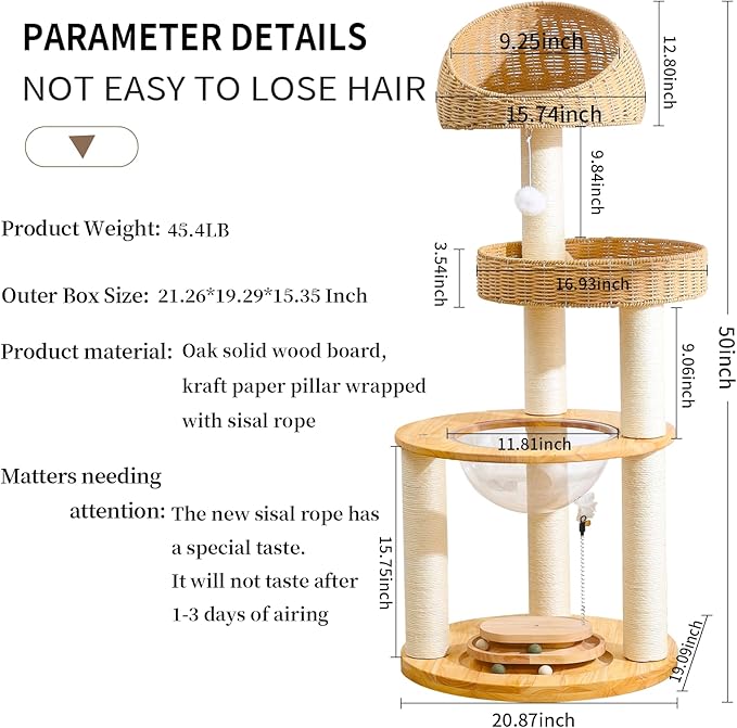 Cat Tree for Indoor Cats, 59'' Multi-Level Solid Wood Tower for Large Adult Cats, Heavy Duty Design with Sisal Scratching Posts, Teaser Wand, Hanging Plush Ball, Interactive Ball Track Base