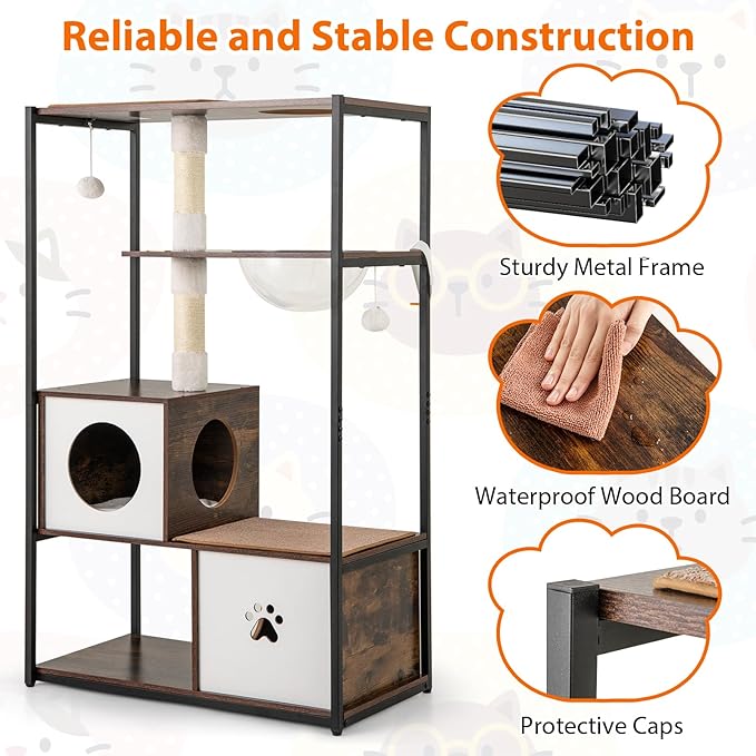 PETSITE 52 Inch Modern Cat Tree with 2 Cat Condos, Multi-Level Cat Tower with Sisal Scratching Posts, Dangling Balls, Removable Soft Cushion and Scratching Pads, Space Capsule, and Anti-Tipping Kits