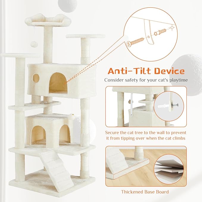 Hexago 54 Inch Cat Tree Tower for Indoor Cats, Multi-Level Cat Condo with Scratching Posts, Climbing Ladder, Plush Hammock, and Toy Ball, Stable Cat Play House Furniture, Beige