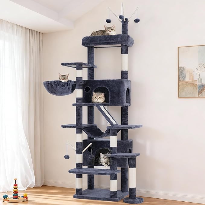 Hey-brother Cat Tree Tower, Sturdy Multi-Level Scratching Posts with Extra Supporting Part, 5 Teaser Toys, 2 Condos, Large Bed, Hammock, Scratch Baord for Indoor Cats, 82.7 Inches, Smoky Gray MPJ082G