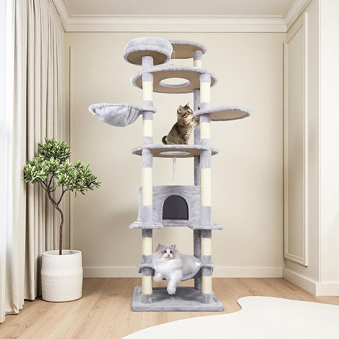 Light Gray 78in Heavy Duty Cat Tree, Cat Tree Tower for Indoor Cats Large Adult, Extra Cat Tower with 12 Sisal Scratching Post, Large Top Platform, Hammock, Cat Condo for Kittens