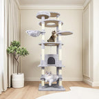 84.6 Inch Tall Cat Tree Tower with Large Base - 3 Condos, 11 Sisal Posts, 2 Hammocks & Interactive Toys, Multi-Level Cat Furniture for Multiple Cats, Durable Cat Climber (Light Gray, 78.8 in)