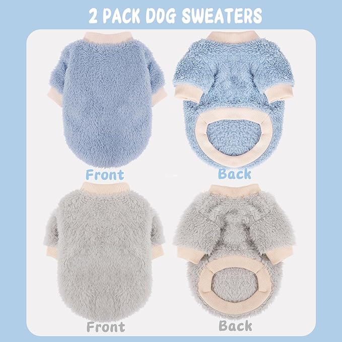 2 Pieces Dog Sweater for Small Dogs Winter Warm Puppy Sweater Fleece Cute Dog Clothes for Dogs Like Chihuahua Yorkie Thick Pet Clothing (Light Grey, Blue, Large)