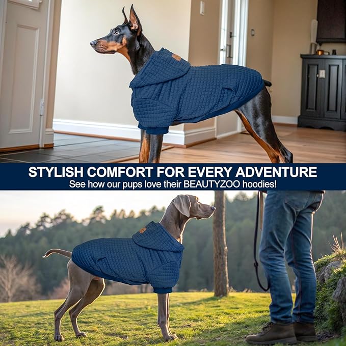 BEAUTYZOO Small Dog Hoodie Sweater with Pockets, Dog Clothes for Small Medium Dogs Boy Girl, Waffle-Like Laminated Cotton Pet Coats with Hat and Leash Hole, Navy Blue ML