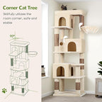 Globlazer Corner Cat Tree 66 inch Multi-Level Climbing Tower Kitty Condos Cat Scratching Tower for Indoor Multiple Cats with Large Platform, 3 Cat Caves, F66, Beige
