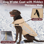 Large Dog Jacket Waterproof Warm Dog Winter Coats with Harness Hole Turtleneck Reflective Snowsuit Adjustable Fleece Coat for Dogs French Bulldog, Khaki L