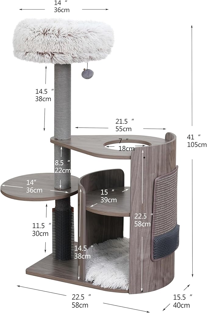 PetPals Modern Design Cat Tower, Wooden Cat Tree with Recycled Paper Rope Scratching Posts, Sisal Mat, Soothing Self Grooming Massager, Removeable Bed (Taupe)