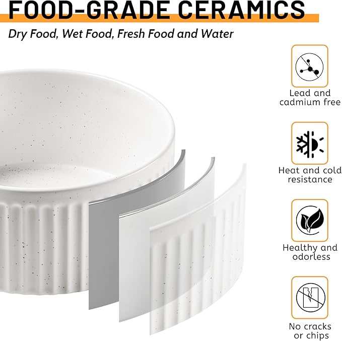 Non-Slip Ceramic Dog Bowls with Wooden Stand,8" Dog Food and Water Bowl Set with Silicone Base, 64 OZ/8 Cups Weighted Flip-Proof Pet Feeding Bowl for Small Dogs and Cats (Large,White)