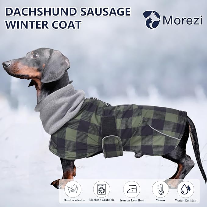 Dachshund Coats Waterproof Suitable for Dachshunds Sausage Weiner Dog Winter Coat Padded Fleece Puppy Snowsuit with Adjustable Bands Reflective Stripe - Plaid Green - M