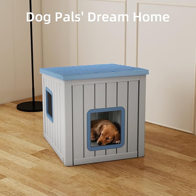 Dog House Small Dog Houses Outdoor with Sloped Roof Waterproof Ventilated Design Easy to Clean Elevated Floor Easy Assembly for Middle Sized Dogs(Blue 24.65"*21.5"*22.21")