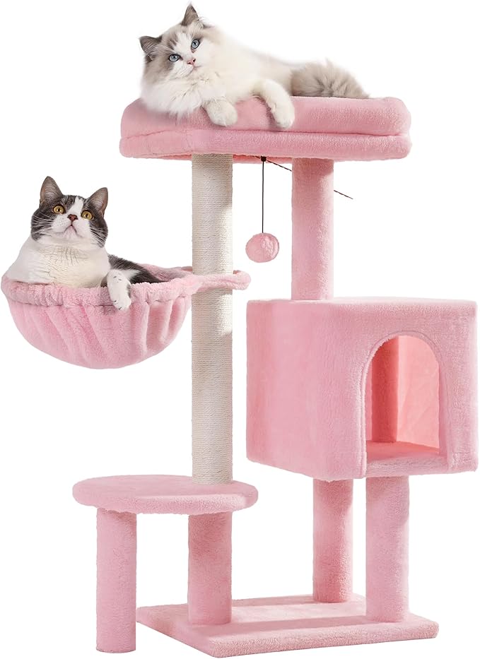 Small Cat Tree Pink Cat Tower with 32 Inches Scratching Post with Cats Condo House, Cozy Hammock and Removable Top Bed and Dangling Ball for Indoor Cats-34” Pink