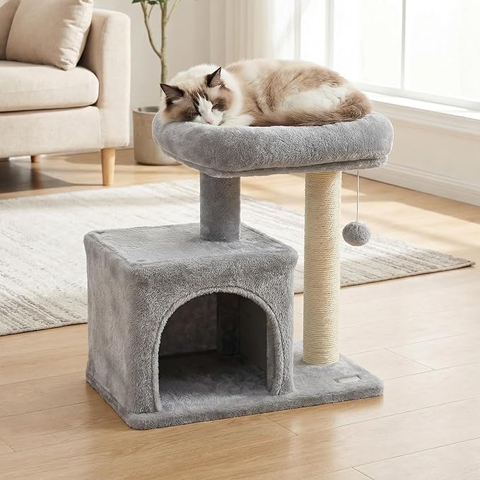 PETSITE 19.5-inch Small Cat Tree, with Sisal Scratching Post, Interactive Hanging Ball, Comfy Condo, and Spacious Top Perch, Ideal for Indoor Cats and Kittens (Grey)