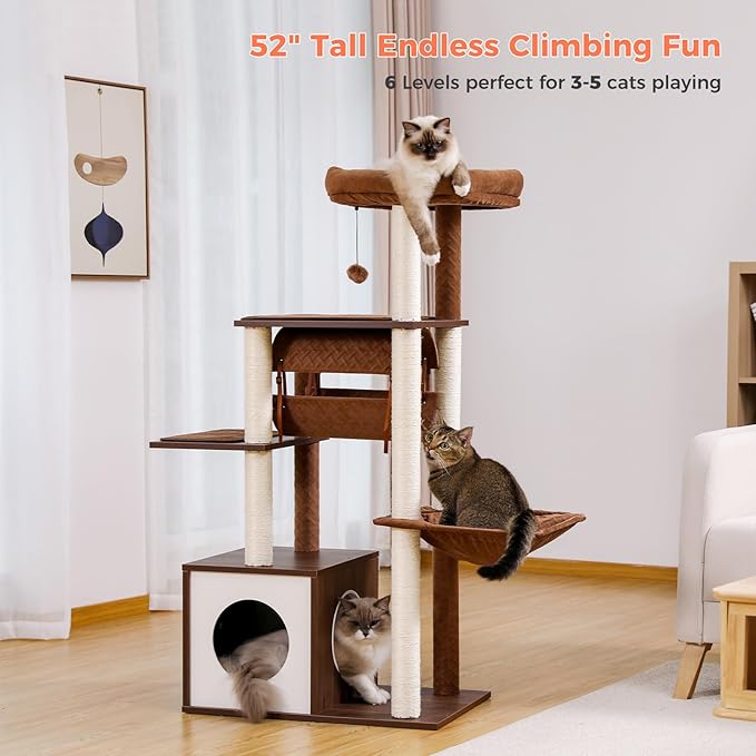 52" Wood Cat Tree for Large Cats, Modern Cat Tower with Fully Sisal Covered Scratching Posts, Luxury Cat Furniture with Spacious Perch, Super Large Hammock, Cozy Condo and Swing Tunnel Brown