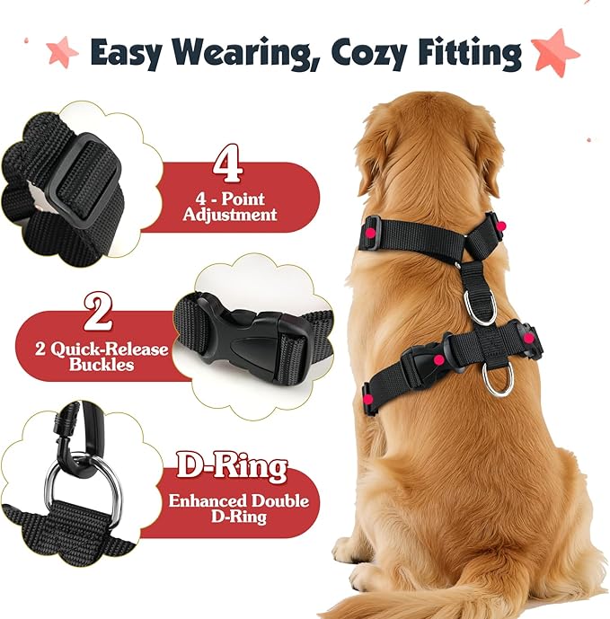 Pawaboo Dog Seat Belt Harness for Car, Dog Car Harness Seatbelt with Double Clips, Adjustable Breathable Pet Vest & Dogs Safety Tether with Elastic Bungee for Small Medium Large Pet, XXL, Red+Black
