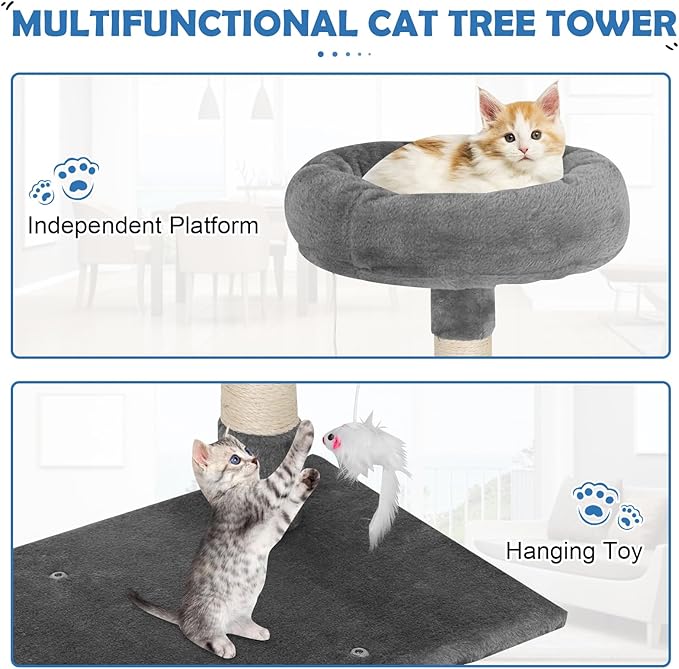 Cat Tree 36 Inch Cat Tower for Indoor Cats with Scratching Post,Padded Perch,Hanging Toys for Kittens & Adult Cats,Beige (Light Gray)