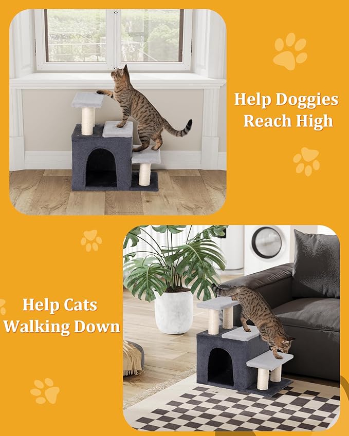 3-in-1 Pet Stairs for Cats, Dog Steps for Small Doggie Rabbits, 6.29''Depth Cat Stairs, Indoor Cat Ladders for High Bed for Pet's Joints, 1 Cat Condo Cave, Sisal Scratcher, Grey, Medium