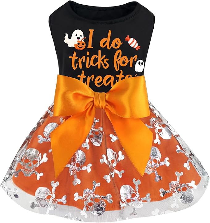 XPUDAC Halloween Dog Dress Costumes for Small Dogs Girl Tulle Dress Dog Clothes Skull Holiday Pet Costume Cat Outfits, Orange-Large