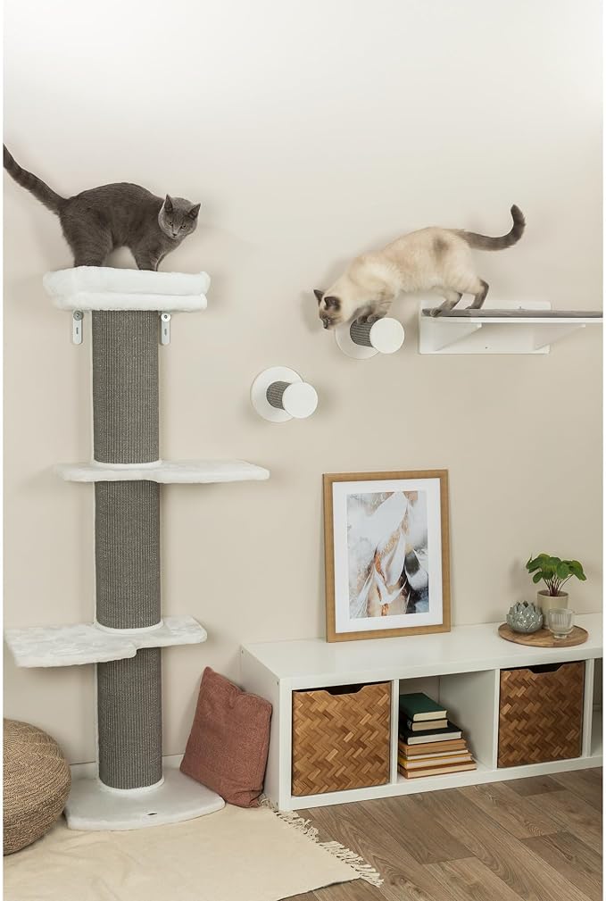 TRIXIE Acadia 63-in Cat Tower with Wall Supports, Oversized Sisal Scratching Post, Three Platforms, Removable Bed, Gray