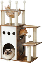 42.5" Modern Wooden Cat Tree with 2-Story Condo, Scratching Posts, Capsule Nest & Dangling Balls - Sky City Design Indoor Furniture for Cats, Rustic Brown