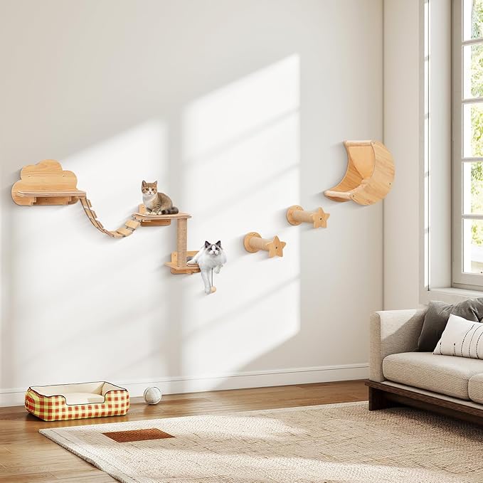 Tangkula Cat Wall Shelves, 6 Pieces Wooden Wall Mounted Kitten Furniture Set with Hammock, Bridge, 2-Step Cat Tree, Platforms, Scratching Posts & Hanging Toy, Modern Cat Climber Steps