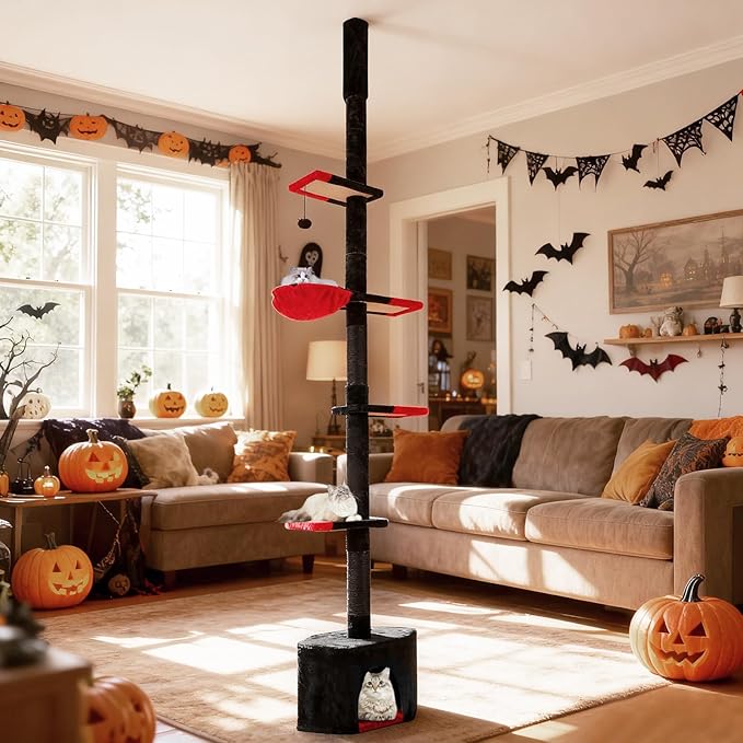 PETSITE Gothic Floor to Ceiling Cat Tree, 97-118 Inches Height Adjustable Goth Ceiling Cat Tower with Sisal Scratching Posts, Condo, Side Basket Bed, Dangling Toy, and Multiple Jumping Platforms