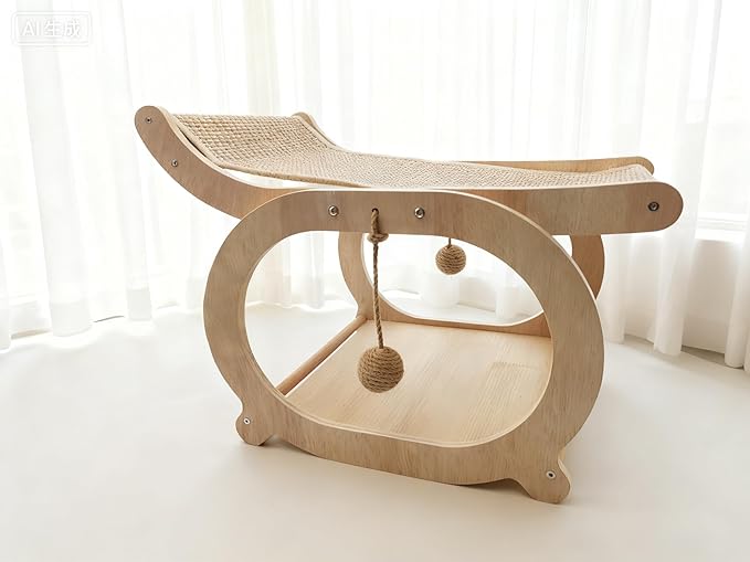 Sisal Cat Scratcher Chair, Elevated Cat Lounge Beds for Indoor Cats, Wooden Pet Hammock Couch for Scratching, Natural