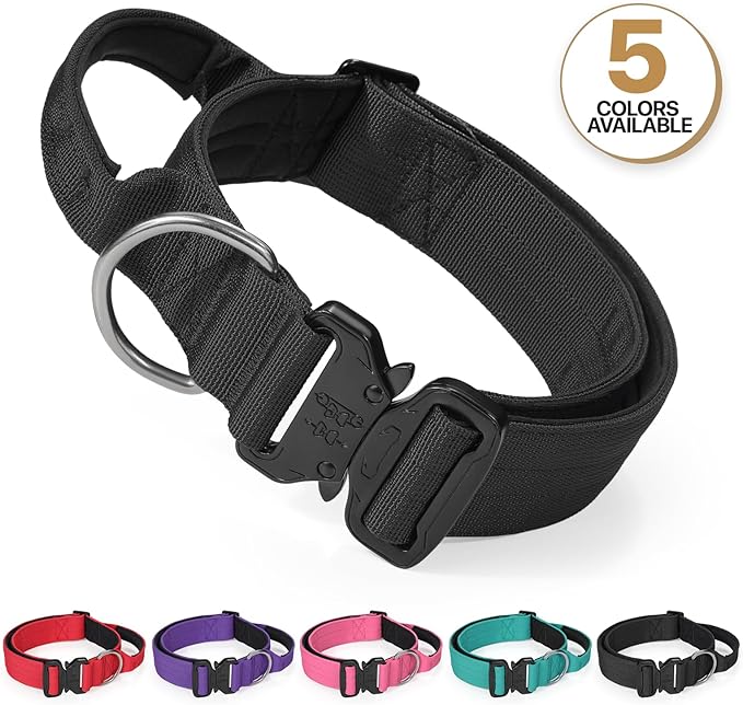 MoNiBloom Tactical Dog Collar with Handle, 1.5 Inch Wide Heavy Duty Military Collar for Medium Large Dog Walking, Training, Running, Black