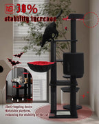 59" Gothic Cat Tree with Coffin Bed-Black Cat Tower for Indoor Cats with Spacious Cat Condo & Cozy Hammock, Spider Hanging Balls, Sisal Scratching Post and 2 Spooky Perches for Halloween