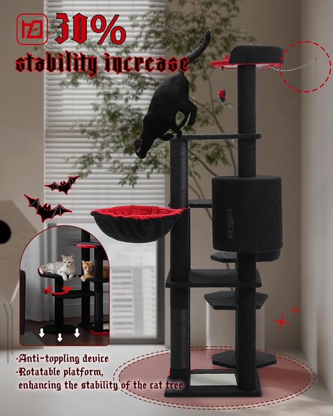 59" Gothic Cat Tree with Coffin Bed-Black Cat Tower for Indoor Cats with Spacious Cat Condo & Cozy Hammock, Spider Hanging Balls, Sisal Scratching Post and 2 Spooky Perches for Halloween