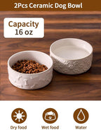 UBEE Ceramic Dog Bowl Set of 2, 5.1 inch Dog Food Bowl Dish, Pet Food Water Dish Feeding for Small Dogs and Large Cat, Bone + Paw Pattern, 5.1 in-Small, White