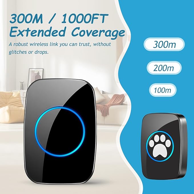 Edge Touch Dog Bell – Blk Long-Range Wireless Dog Door Bell 1000ft with LED, Waterproof Dog Buttons & Dog Clicker for Communication, Durable Bells for Dog Training to Go Outside(2 Chimes & 1 Bell)