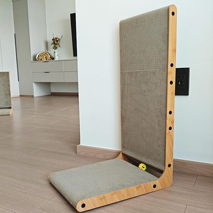 Large Cat Scratcher & Scratching Post, 27.6" Tall L-Shape Cat Scratch Board & Pad for Indoor Cats, Leans Against Wall & Sofa, High-Strength Cardboard with Bell, Catnip & Teaser Wand