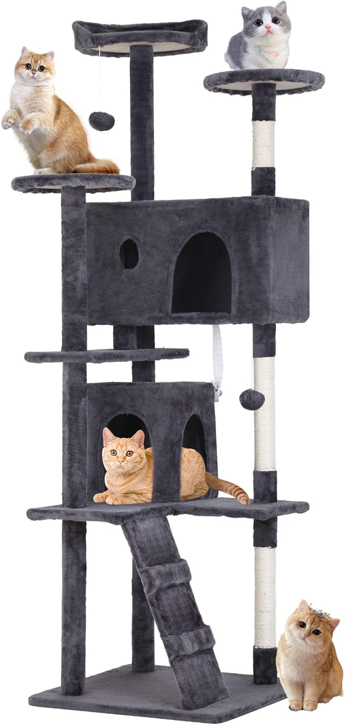 Heavy Duty Cat Tree, 70 Inch Tall Tower With 3 Top Perches Platforms & 2 Cozy Condos, Climbing Tower With Ladders & Sisal Pole, Scratching Tree for Large Cats Play House, Ashy