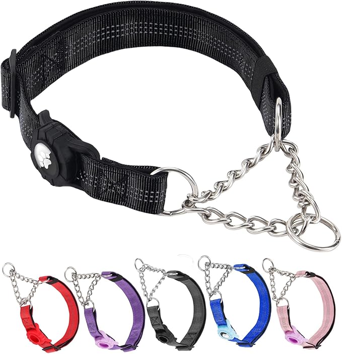 Cymiler Martingale Dog Collar with AirTag Holder, Reflective Nylon Training Collar, Stainless Steel Chain, Heavy Duty Buckle, Limited Slip Collars for Small Medium Large Dogs (Black, Large)