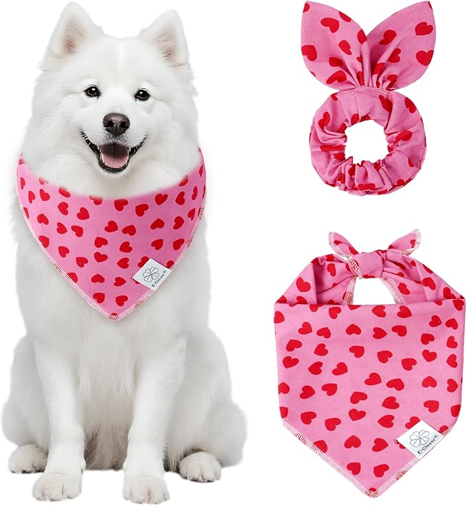 E-Clover Mother's Day Heart Dog Bandanas & Matching Scrunchie Set Cute Girl Dog Scarf Bibs Pet Bandana with Bow Tie for Medium Large Dogs Owner Mom Pink